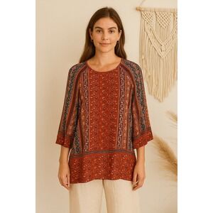 J Jill‎ Rust Floral Print Round Neck Tunic Top Size Medium Boho Bohemian Fall